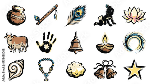 A collection of Hindu religious symbols and icons, including a pot of butter, flute, peacock feather, baby Krishna, lotus flower, cow, handprint, bell, diya lamp, conch shell, mala beads, and a star.