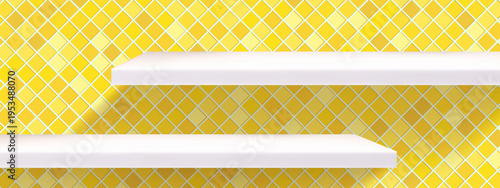 Bathroom product shelf for tile yellow 3d and pattern wall kitchen. Background interior restroom for counter abstract floor and geometric perspective banner. Yellow bathroom pool for tile mosaic.