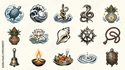 A collection of 15 intricately illustrated Hindu religious and cultural symbols, including deities, animals, and ritual objects, presented on a textured background.