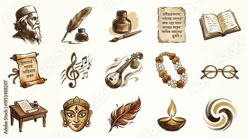 A collection of artistic illustrations representing Bengali culture, literature, and heritage, featuring iconic symbols and figures.