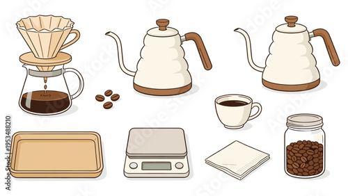 Set elements various food and beverage collection featuring coffee brewing equipment, pour-over tools, kettles, and beans