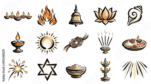 A collection of religious and cultural symbols, including diyas, fire, a bell, lotus, conch, sun, incense, and a Star of David.