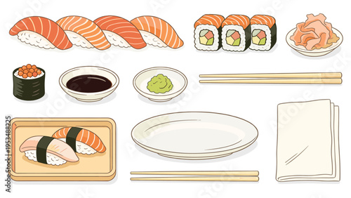 set elements various food and beverage collection featuring classic Japanese sushi, sashimi, and dining accessories