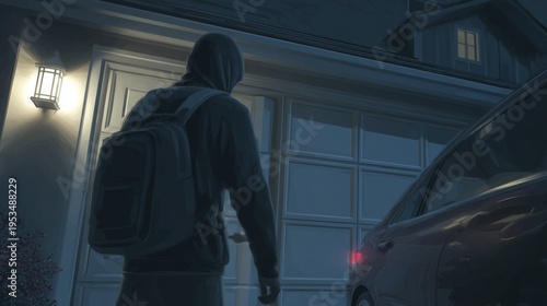 Hooded figure wearing a backpack attempting to open a house garage door at night