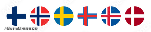 Minimal vector-style set of circular national flags representing Nordic and Scandinavian countries including Finland, Norway, Sweden, Iceland, Denmark, and Faroe Islands.