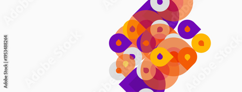 Abstract shapes overlap, creating vibrant color composition. Orange, purple hues dominate white background. Modern design element.