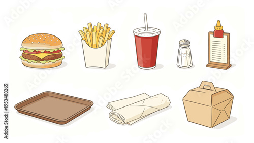 Illustrated collection of various food and beverage set elements, perfect for menu design and casual dining promotions