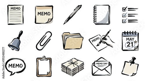 A collection of hand-drawn icons representing office supplies and stationery items, including memos, pens, notebooks, and calendars.
