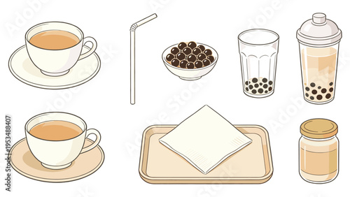 Set elements various food and beverage collection featuring bubble tea, classic tea, and serving essentials
