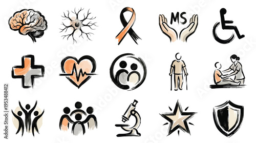 Collection of hand-drawn icons representing health, medicine, disability, and community support.