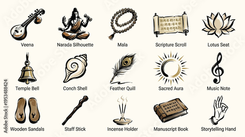 A collection of 15 hand-drawn icons representing various elements associated with Indian culture, spirituality, and art, including musical instruments, religious figures, and symbolic objects.