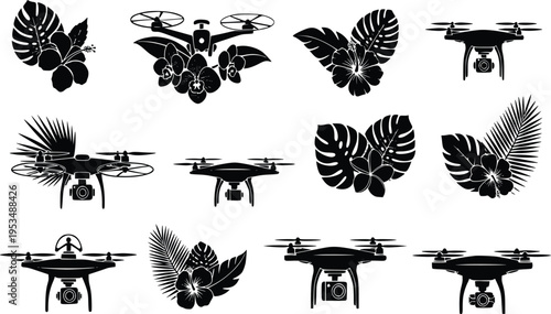 Tropical flower silhouettes with leaves botanical vector set