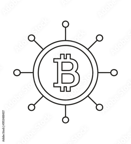 Vector graphic featuring a bitcoin symbol surrounded by a circular network of interconnected nodes.