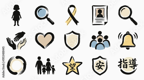 A collection of icons representing concepts like family, safety, support, search, and community, rendered in a simple, illustrative style.