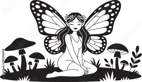 Enchanting fairy with butterfly wings sitting among mushrooms and foliage