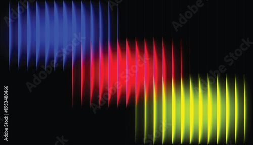 Vibrant sound wave pattern with blue, red, and yellow hues on a black background creating a dynamic visual effect