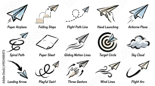 Collection of hand-drawn icons illustrating various aspects of paper airplanes, including flight paths, launching, and related elements.