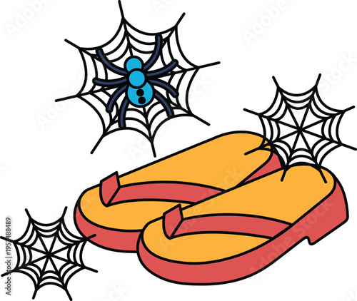 Black line art of flip-flops and spider webs