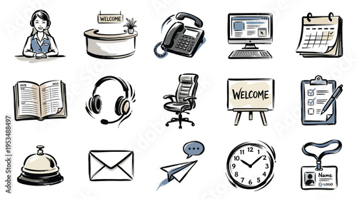 A collection of hand-drawn icons representing various office and business-related elements, including reception, communication, and administrative tools.