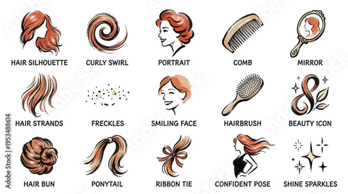 Collection of watercolor illustrations depicting various hairstyles, beauty icons, and related accessories for women.