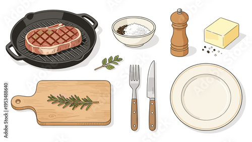 An illustrative collection featuring a set of various food and kitchen elements for culinary arts, perfect for design