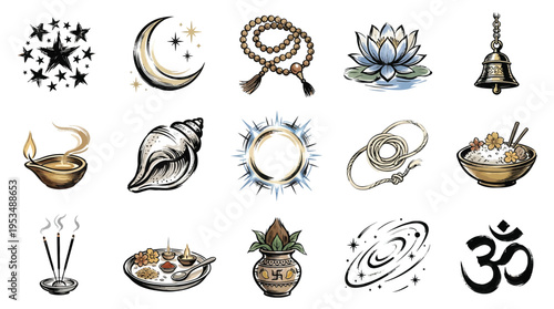 A collection of 15 diverse Hindu religious and spiritual symbols, including a diya, conch shell, lotus, Om symbol, and mala beads.