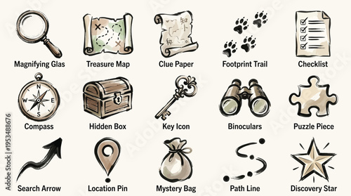 A collection of hand-drawn icons representing elements of a treasure hunt or adventure, including a magnifying glass, treasure map, compass, key, binoculars, and puzzle pieces.