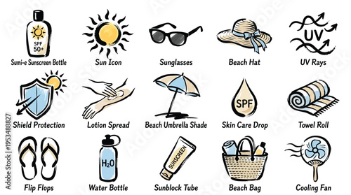 Collection of icons representing sun protection and beach essentials, including sunscreen, sunglasses, hats, and beach accessories.