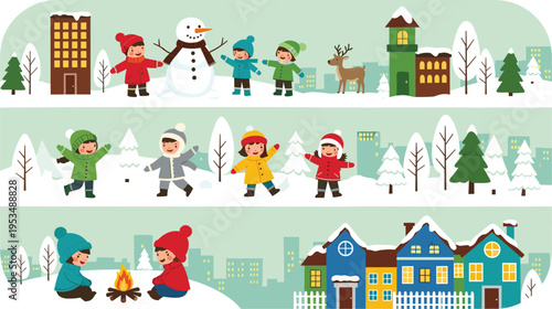 Winter Wonderland Scene with Kids Playing in Snow, Snowman, Trees, and Houses, Cute Holiday Illustration for Children