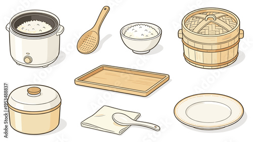 A comprehensive set of various elements for preparing and serving rice, featuring traditional and modern kitchenware, ideal for culinary themes