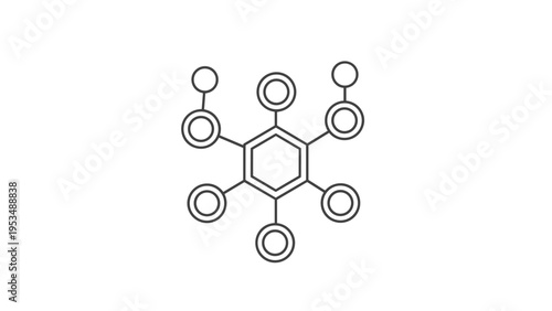 Central hexagon connected to multiple circles by lines in a network pattern, representing a hub, connection, distributed system, or social network.