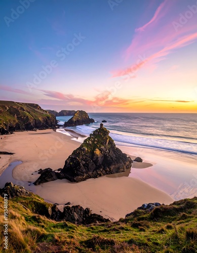 Serene beach landscape with rocky outcrops at sunset