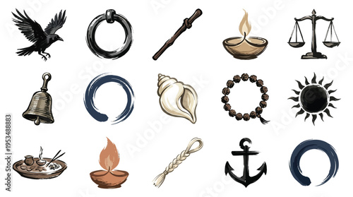 A collection of diverse cultural and religious symbols, including a crow, a bell, a conch shell, a sun, an anchor, and various spiritual icons.
