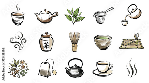 A collection of hand-drawn watercolor illustrations depicting various elements associated with tea, including teacups, teapots, tea leaves, and tea ceremony tools.
