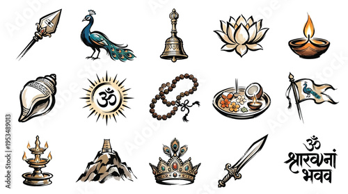 A collection of Hindu religious symbols and cultural icons, including a peacock, lotus, Om symbol, conch shell, and various decorative elements.