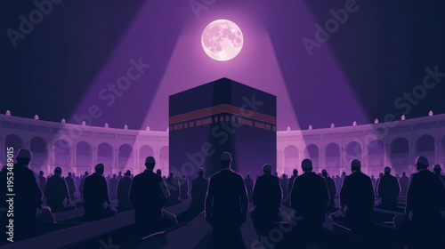 Flat vector graphic of a Muslims  praying in front of the Kaaba, bathed in soft purple moonlight illustration