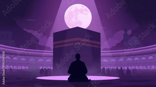 illustration of a Muslim praying in front of the Kaaba, bathed in soft purple moonlight 