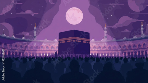 Flat vector graphic of a Muslims  praying in front of the Kaaba, bathed in soft purple moonlight illustration