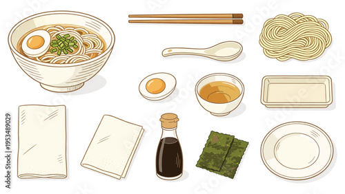 Vector illustration of Japanese ramen meal components noodles, broth, egg, soy sauce, chopsticks, nori, and serving dishes, perfect for Asian cuisine