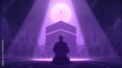 Flat vector graphic of a Muslim  praying in front of the Kaaba, bathed in soft purple moonlight illustration