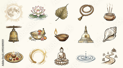 A collection of hand-drawn illustrations depicting various symbols and objects associated with Buddhism and Eastern spirituality.