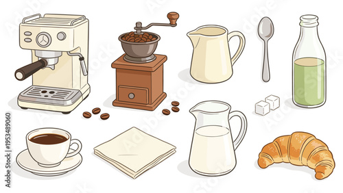 A delightful collection featuring breakfast food and beverage items espresso machine, coffee grinder, milk, sugar, and a croissant, ideal for morning designs