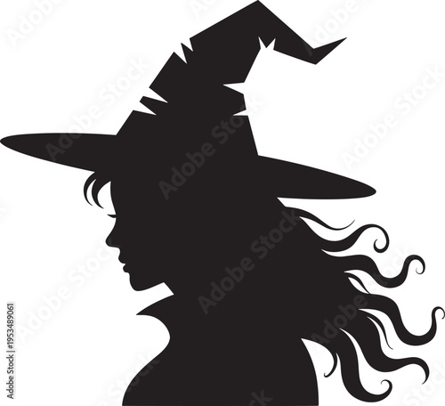 Witch silhouette profile, long flowing hair, pointy hat, Halloween costume, mystical character.
