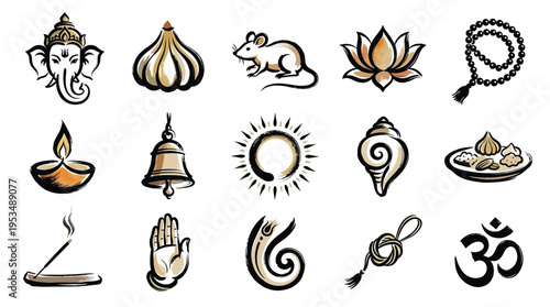 A collection of traditional Hindu religious symbols and icons, including Ganesha, a lotus flower, a diya lamp, and the Om symbol, rendered in a stylized artistic manner.