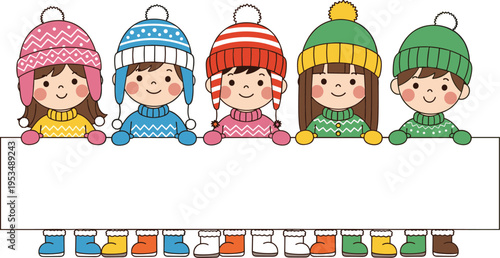 Group of 6 Cartoon Kids in Colorful Winter Sweaters and Hats, Smiling Together in Snowy Weather Illustration