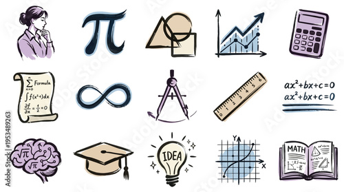 A collection of hand-drawn icons representing various mathematical concepts, tools, and ideas, including symbols, graphs, and educational elements.