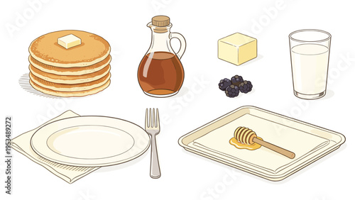 Delicious breakfast set featuring fluffy pancakes with butter, rich maple syrup, fresh milk, sweet blueberries, and golden honey, complemented by essential tableware for a complete morning meal