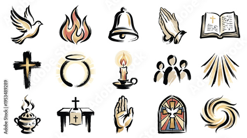 A collection of religious symbols and icons representing faith, spirituality, and worship, including a dove, flames, a bell, praying hands, a bible, a cross, and an altar.
