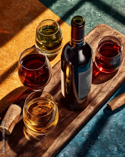 High angle top view of a wine tasting flight with various types of wine in glasses on a wooden board, featuring dramatic sunlight and hard shadows on a teal background
