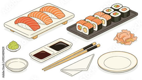 Traditional Japanese sushi and sashimi collection, featuring various fresh fish slices, savory rice rolls, wasabi, ginger, and chopsticks for an authentic meal